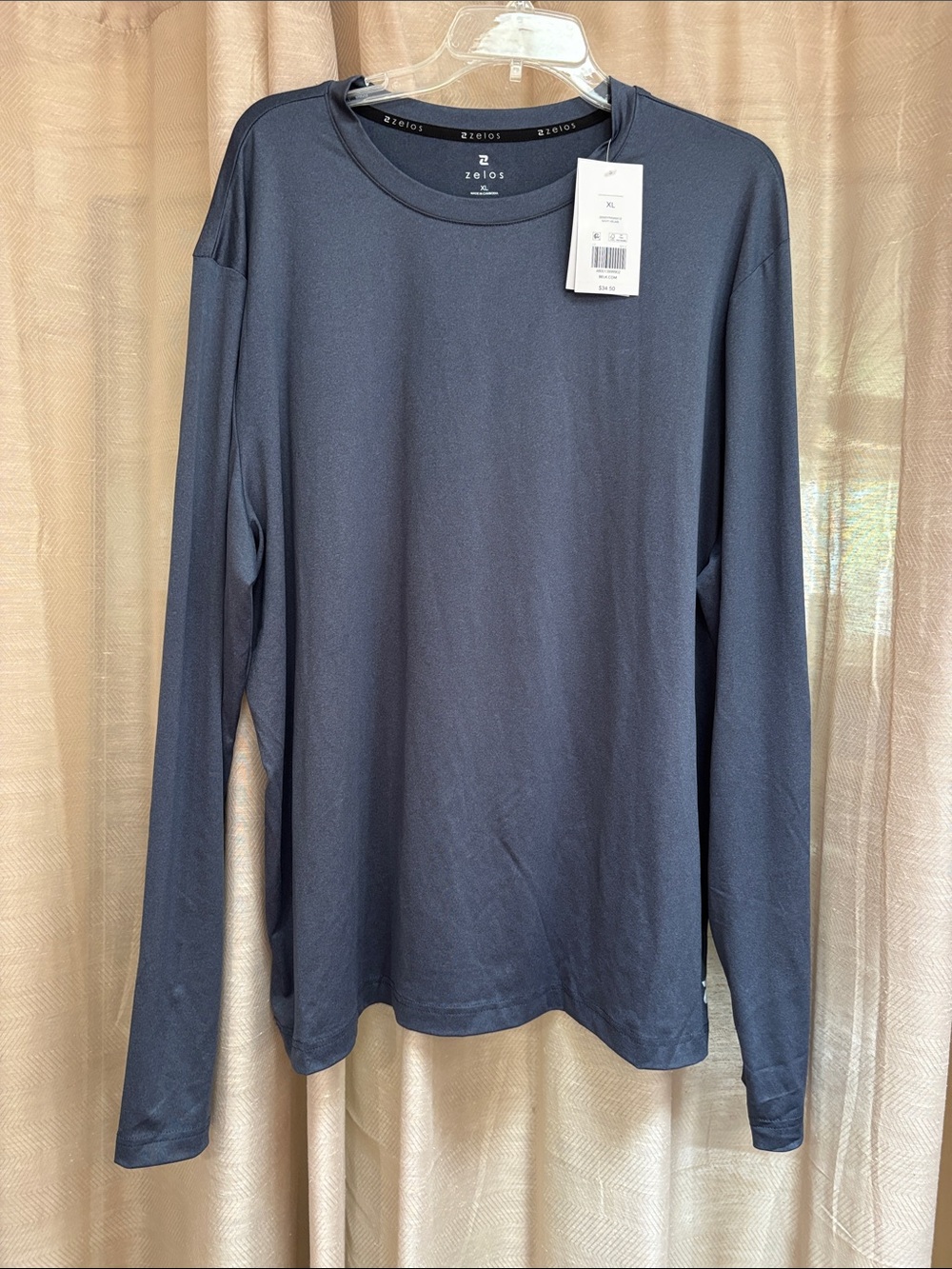 ZELOS Men's Long Sleeve Crew Shirt - Charcoal Blue NWT  XL
